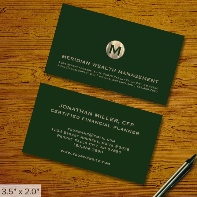 Dark Green Gold Monogram Financial Business Card (Creator Uploaded)