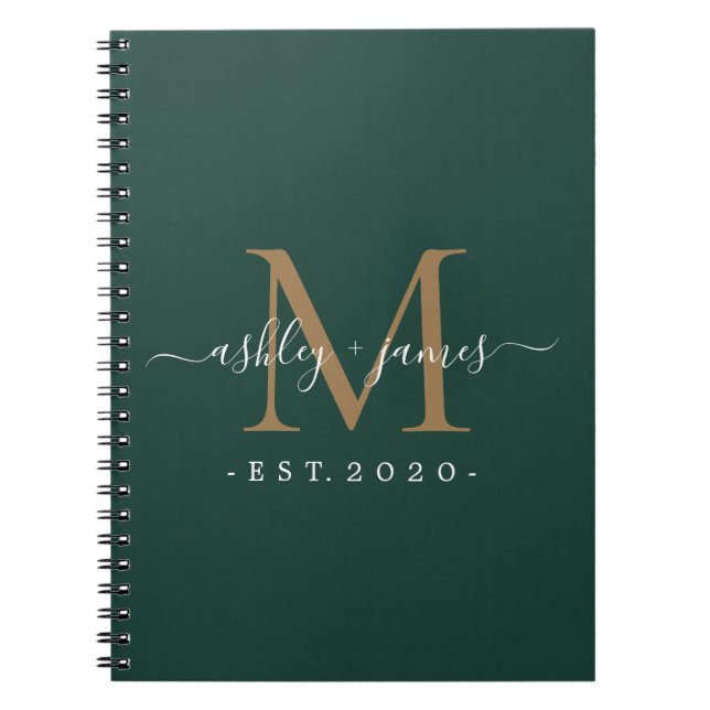 Dark Green Gold Monogram Names Established Year Notebook (Front)