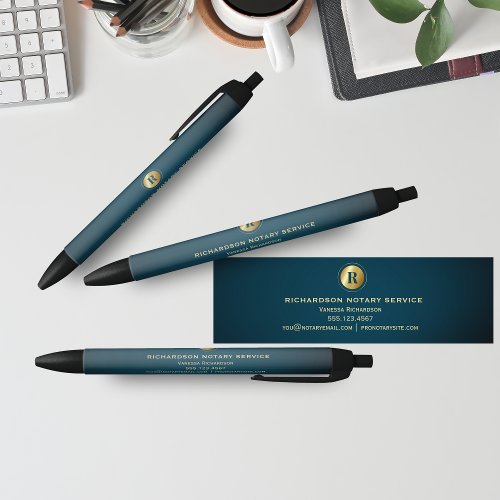 Dark Green  Gold Monogram Notary Business Promo Black Ink Pen