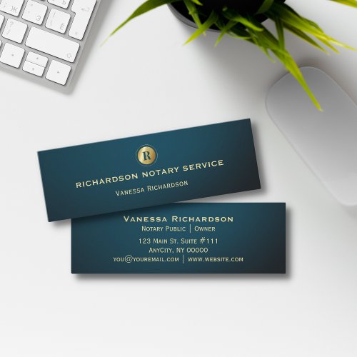 Dark Green  Gold Monogram Sleek Notary Business  Mini Business Card