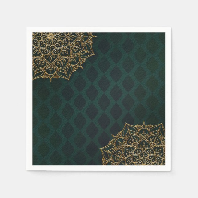 Dark Green & Gold Moroccan Arabian Nights Wedding Napkins (Front)