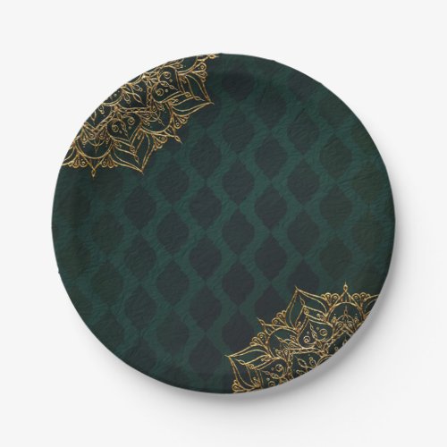 Dark Green  Gold Moroccan Arabian Nights Wedding Paper Plates