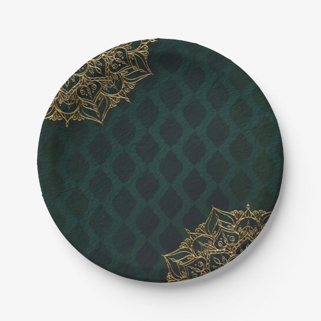 Dark Green & Gold Moroccan Arabian Nights Wedding Paper Plates (Front)