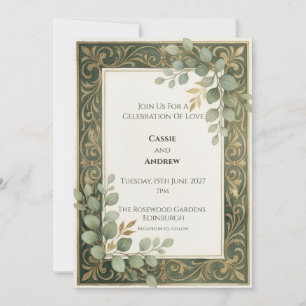 Dark Green Gold Ornate Frame Eucalyptus Wedding Invitation