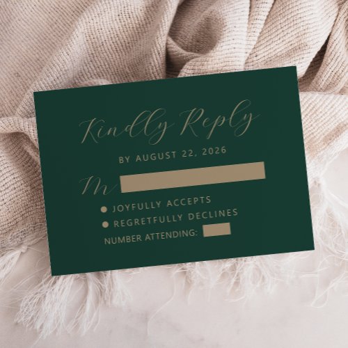 Dark Green Gold Script Wedding RSVP Card