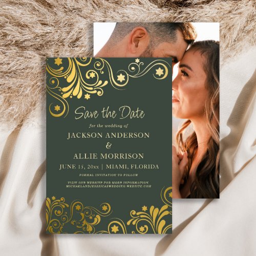 Dark Green Gold Swirls Photo Wedding Save The Date