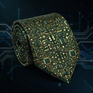 Dark Green Gold Tech Motherboard Pattern Neck Tie