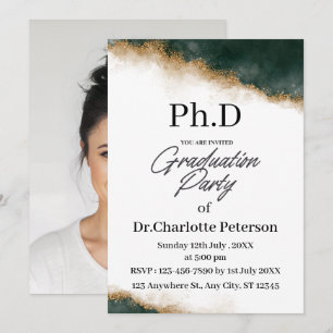 Dark Green & Gold Watercolor PhD Graduation Party Invitation