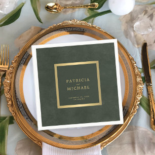 Dark green gold wedding bride and groom napkins
