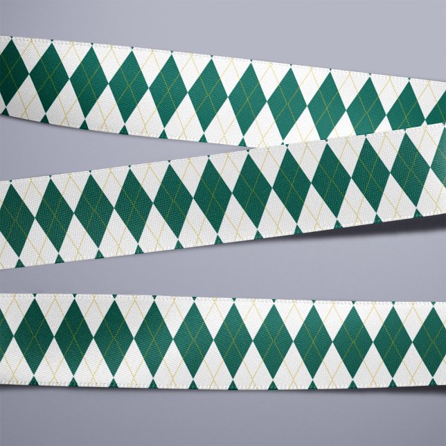 Dark Green | Gold | White Diamond Argyle Pattern Satin Ribbon (Creator Uploaded)