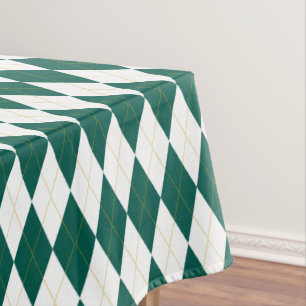 Dark Green   Gold   White Diamond Argyle Pattern Tablecloth