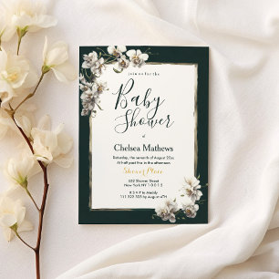 Dark green gold white orchid flower Baby Shower Invitation