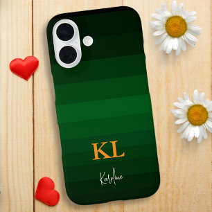 Dark Green Gradient Color Stripes with Monogram iPhone 16 Case