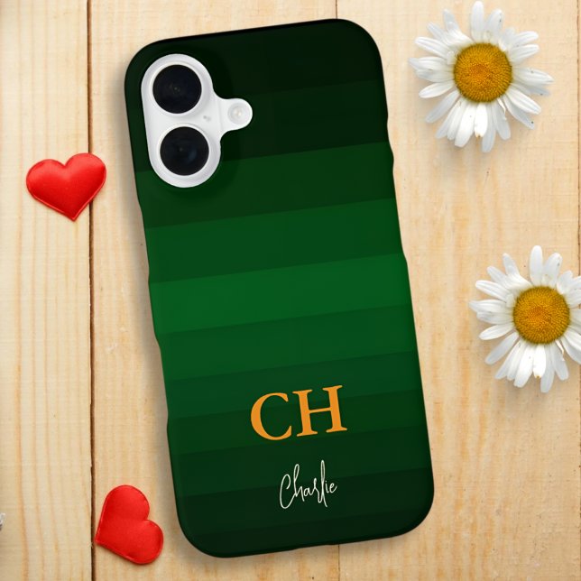 Dark Green Gradient Color Stripes with Monogram iPhone Case (Creator Uploaded)