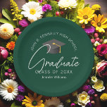 Dark Green Graduate Personalized Graduation Party Paper Plates<br><div class="desc">These modern dark green custom senior graduation party plates features your high school or college name for the class of 2026. Customize with your graduating year under the chic handwritten script and grey grad cap for great formal personalized graduate decor.</div>