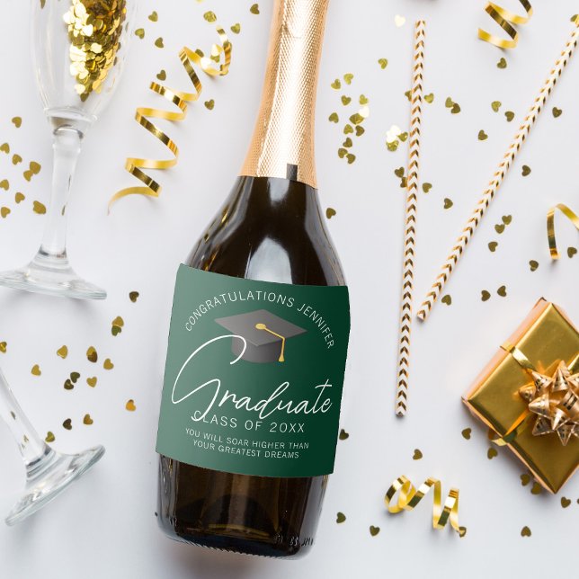 Dark Green Graduate Personalized Graduation Party Sparkling Wine Label (Creator Uploaded)