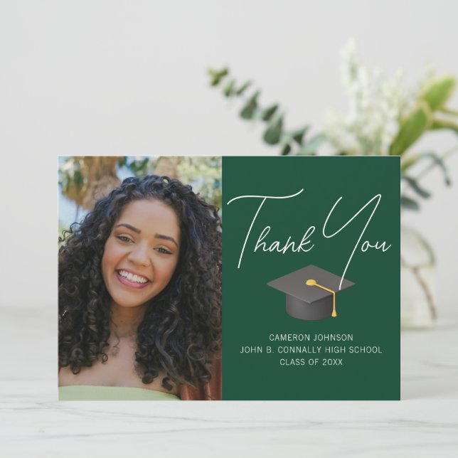 Dark Green Graduate Photo Personalized Graduation Thank You Card (Standing Front)