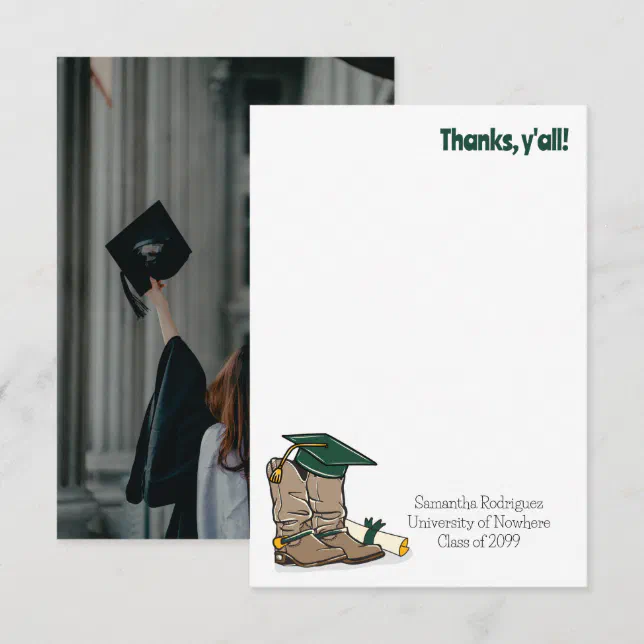 Dark Green Graduation Cap and Cowboy Boot Thank You Card | Zazzle