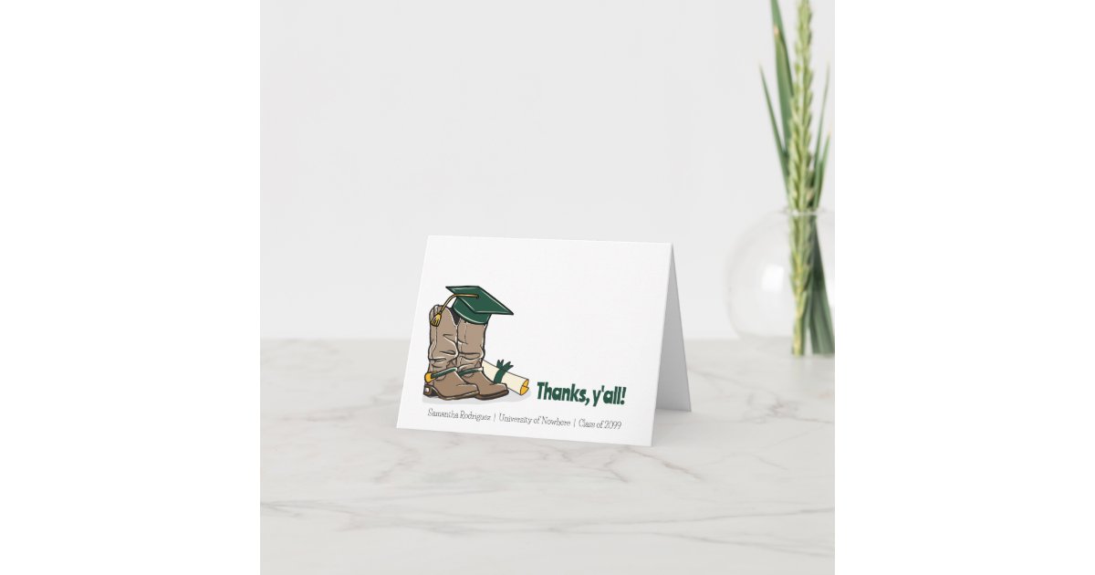 Dark Green Graduation Cap and Cowboy Boot Thank You Card | Zazzle