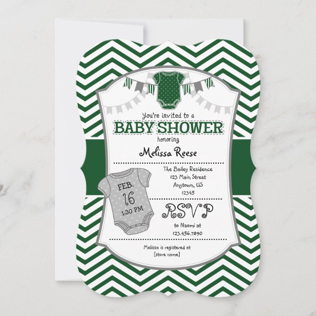 Dark Green Gray Chevron Baby Shower Invitation (Front)