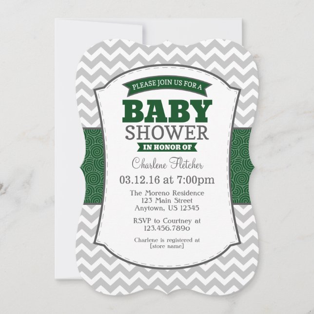 Dark Green Gray Chevron Baby Shower Invitation (Front)