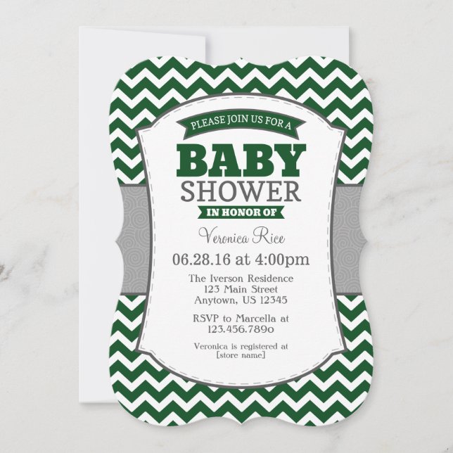 Dark Green Gray Chevron Baby Shower Invitation (Front)