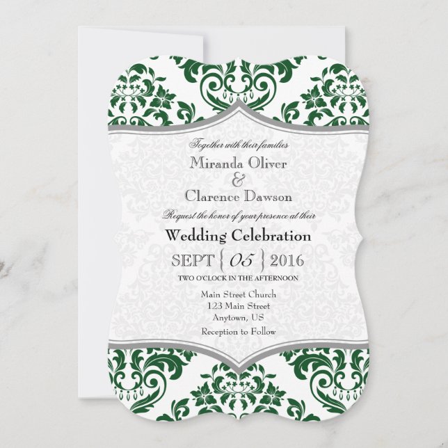 Dark Green Gray Damask Bracket Wedding Invite (Front)