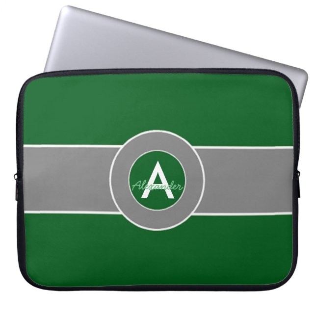 Dark Green Gray Monogram Personalized Laptop Sleeve (Front)