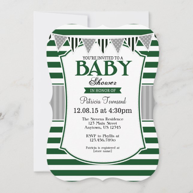 Dark Green Gray Stripes Baby Shower Invitation (Front)