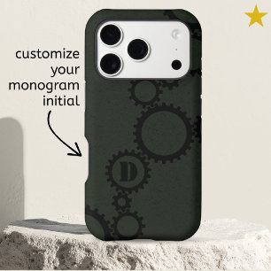Dark Green Grunge Cogs Gears Monogrammed Initial iPhone 17 Pro Case