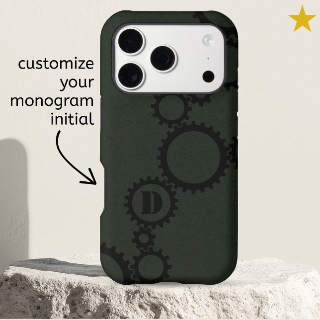 Dark Green Grunge Cogs Gears Monogrammed Initial Case-Mate iPhone Case (Creator Uploaded)