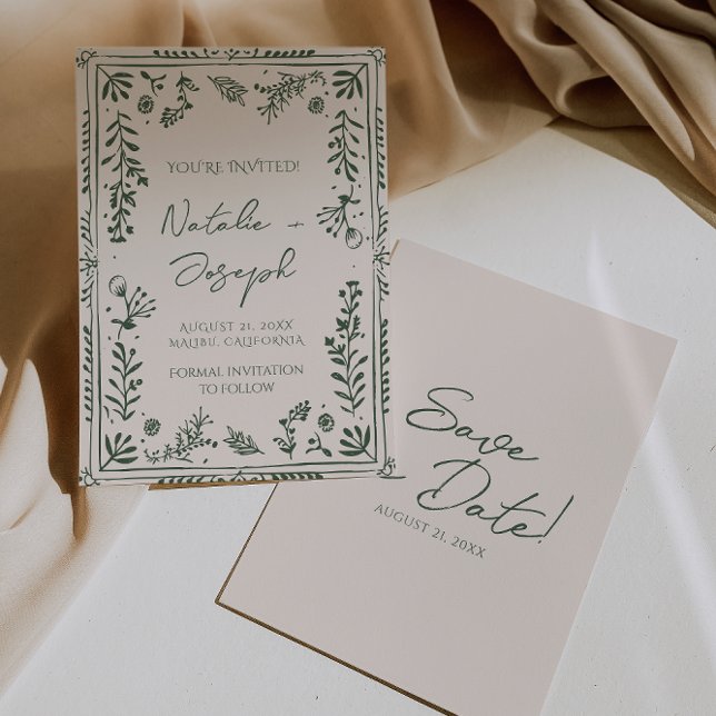 Dark Green Hand Drawn Floral Garden Boho Wedding  Save The Date (Creator Uploaded)