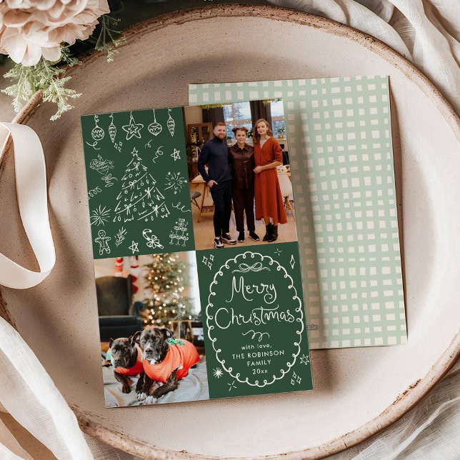 Dark Green Hand Drawn Merry Christmas 2 Photo Holiday Card (Creator Uploaded)