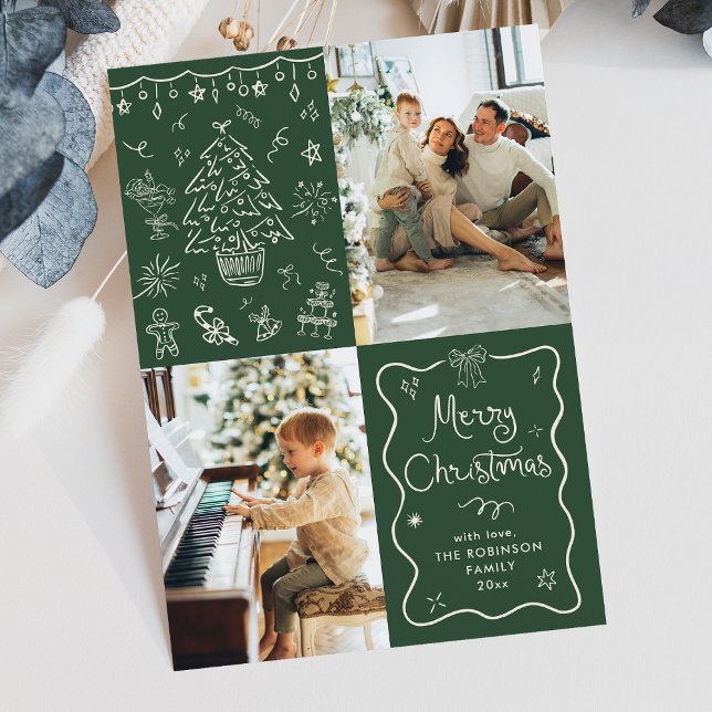 Dark Green Hand Drawn Merry Christmas 2 Photo Holiday Card (Creator Uploaded)