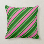 [ Thumbnail: Dark Green, Hot Pink, and Lime Green Stripes Throw Pillow ]
