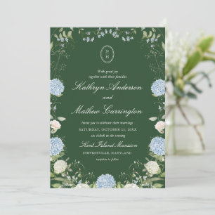 Dark Green Hydrangea Monogram Wedding Invitation