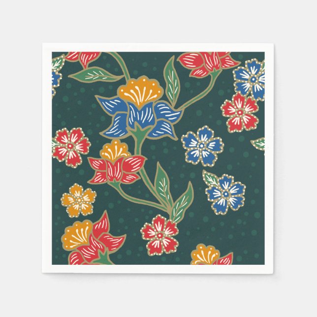 Dark green Indonesian floral vines Batik pattern Paper Napkins (Front)