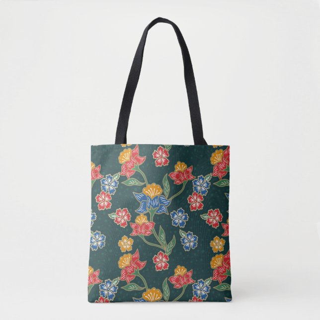 Dark green Indonesian floral vines Batik pattern Tote Bag (Front)