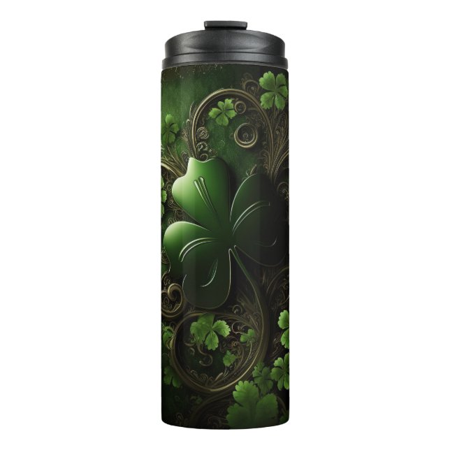DARK GREEN INTRICATE IRISH CELTIC SHAMROCKS THERMAL TUMBLER (Front)