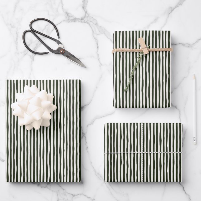 Dark Green & Ivory Wonky Stripes Wrapping Paper Sheets (Front)