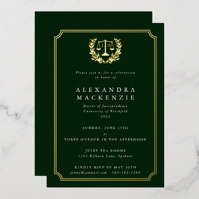 Dark Green JD Law School Graduation Party Foil Invitation (Front/Back)
