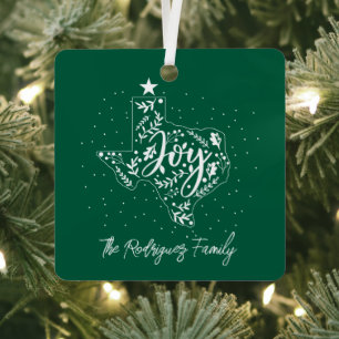 Dark Green Joy Holiday Leaves Texas Shape Metal Ornament