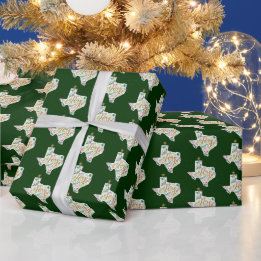 Dark Green Joy Holiday Leaves Texas Shape Wrapping Paper
