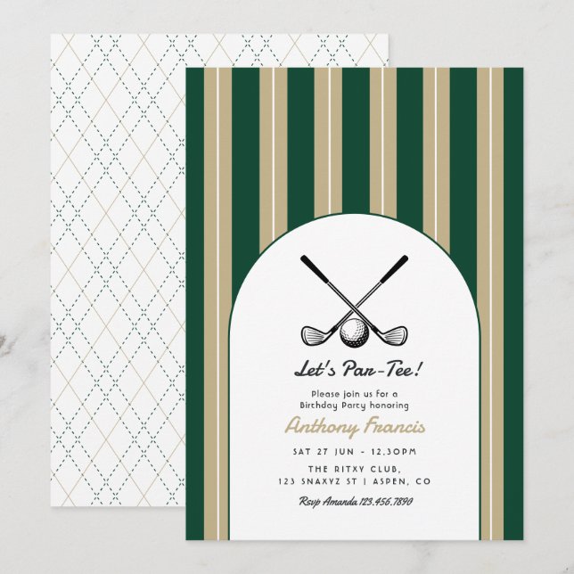 Dark Green, Khaki, & White Golf Birthday Party Invitation (Front/Back)