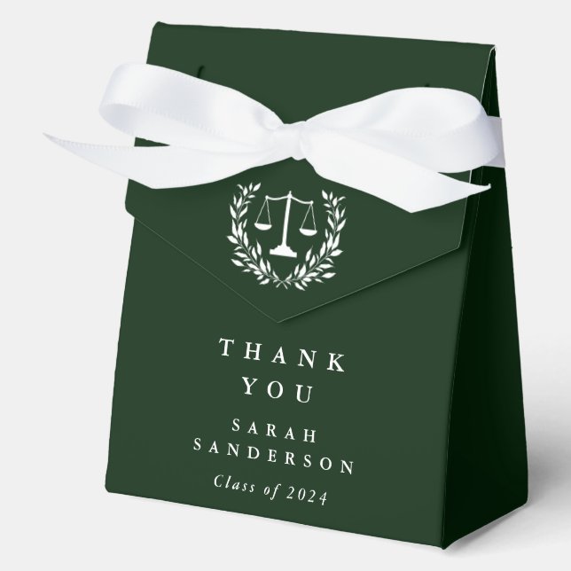 Dark Green Law Scales+Laurel Wreath Graduation Favor Boxes (Front)