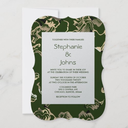 Dark Green Leafy Leaves Classy Silver Wedding Invitation