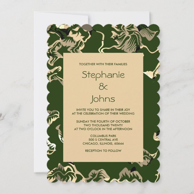 Dark Green Leafy Leaves Pattern Elegant Wedding Invitation (Front)