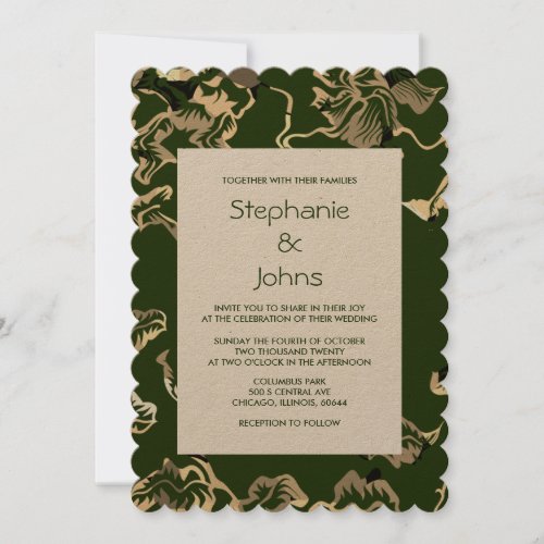 Dark Green Leafy Leaves Pattern Kraft Wedding Invitation