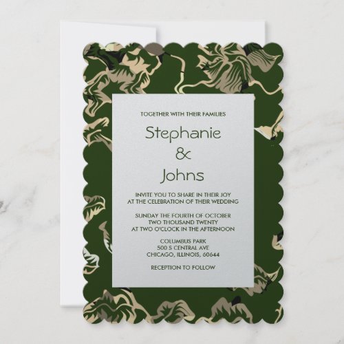 Dark Green Leafy Leaves Pattern Silver Wedding Invitation