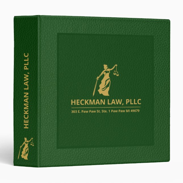 Dark Green Leather Texture Gold Justice Scale 3 Ring Binder (Front/Spine)